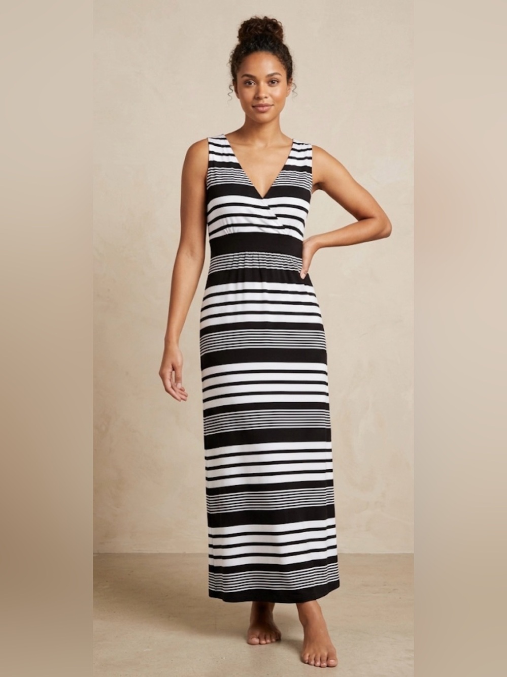 L.L. Bean Black and White Striped V‑Neck Maxi Dress